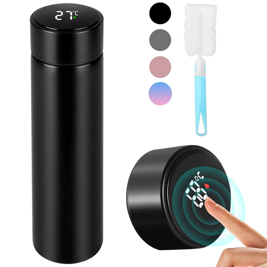 LONEASY Grade Stainless Steel Sports Water Bottle With Led Temperature Display,Double Wall Vacuum Insulated Water Bottle, Stay Hot For 24 Hrs,Cold For 24 Hrs (Pure Black) 500 ml