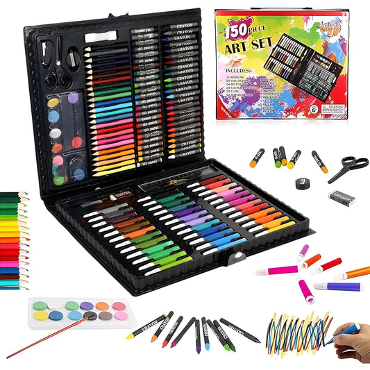 WISHKEY 150 Pieces Art Set for Kids with Case, Art and Craft Supplies Kit for Drawing and Painting, Color Set with Markers, Water Colors, Brush, Color Pencils, Crayons (Pack of 1, Black)